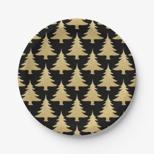elegant gold glitter Christmas tree pattern black Paper Plates