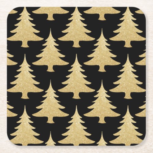 elegant gold glitter Christmas tree pattern black Square Paper Coaster