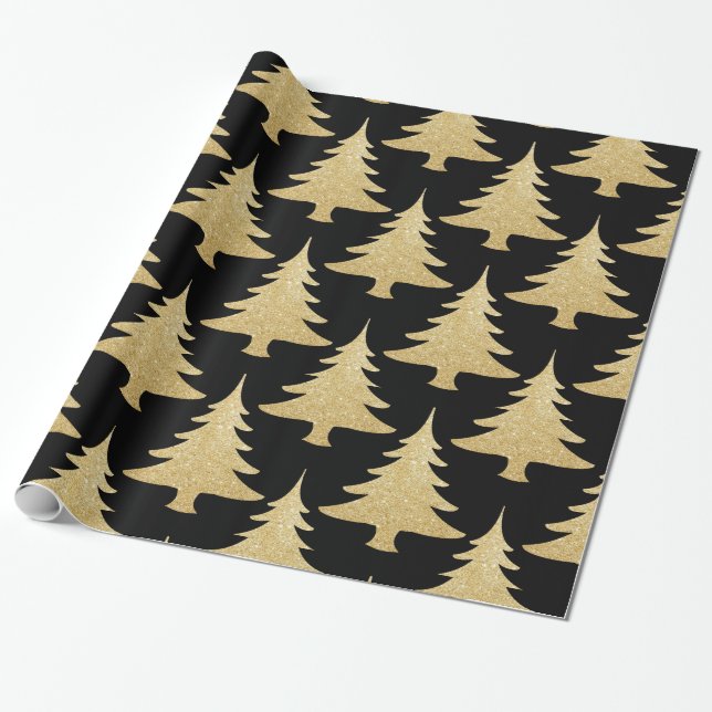 elegant gold glitter Christmas tree pattern black Wrapping Paper (Unrolled)