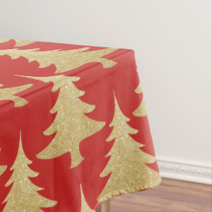 elegant gold glitter Christmas tree pattern red Tablecloth