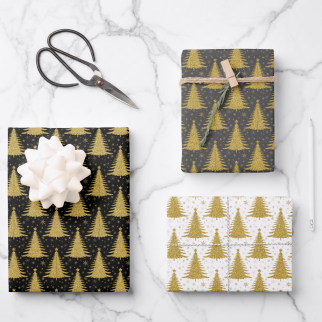 Elegant Gold Glitter Christmas Tree Pattern Wrapping Paper Sheets (Front)