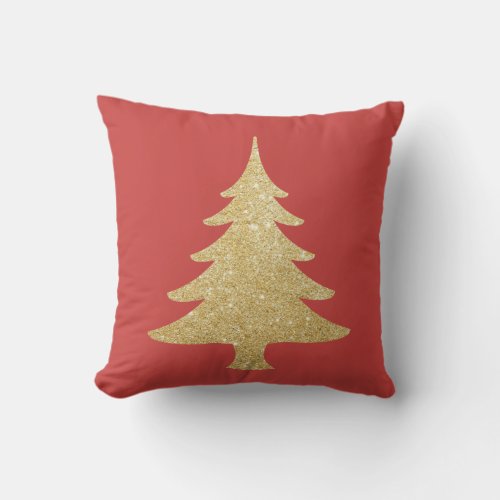 Elegant gold glitter Christmas Tree red and green Throw Pillow