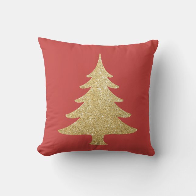 Elegant gold glitter Christmas Tree red and green Throw Pillow (Front)
