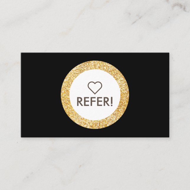 Elegant Gold Glitter Circle Accent Black Referral Business Card (Front)
