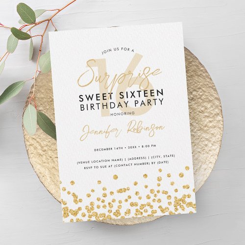 Elegant Gold Glitter Confetti Surprise Sweet 16  Invitation