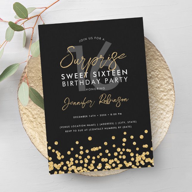 Elegant Gold Glitter Confetti Surprise Sweet 16  Invitation (Elegant Gold Glitter Confetti Surprise Sweet 16 Invitation)