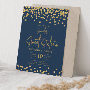 Elegant Gold Glitter Confetti Sweet 16 Navy Blue  Invitation