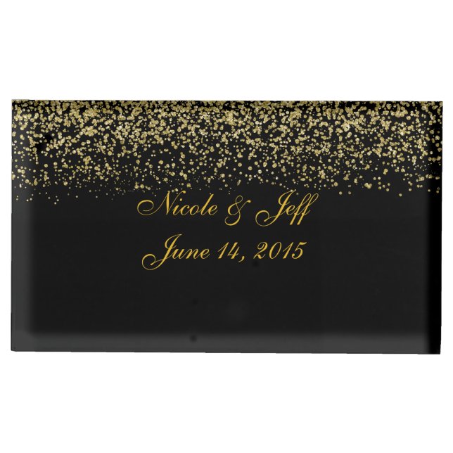 Elegant Gold Glitter Confetti Wedding Table Card Holder (Front)