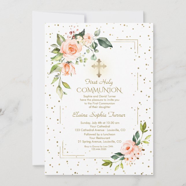 Elegant Gold Glitter Coral Flowers Holy Communion Invitation (Front)