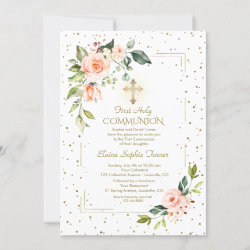 Elegant Gold Glitter Coral Flowers Holy Communion Invitation