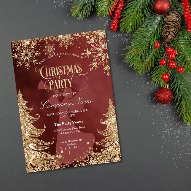 Elegant Gold Glitter Corporate Christmas Party Invitation (gold glitter trumpet angel on a red background, christmas party invitation)
