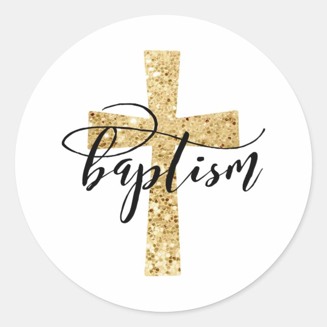 Elegant Gold Glitter Cross Baptism Favor Stickers (Front)
