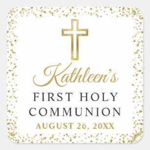 Elegant Gold Glitter Cross First Holy Communion Square Sticker