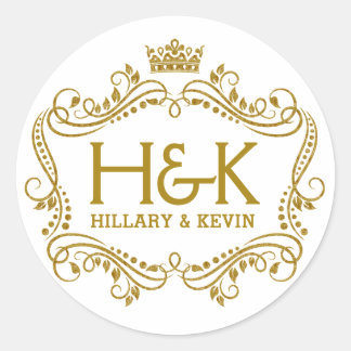 Elegant Gold Glitter Crown & Floral Frame Classic Round Sticker