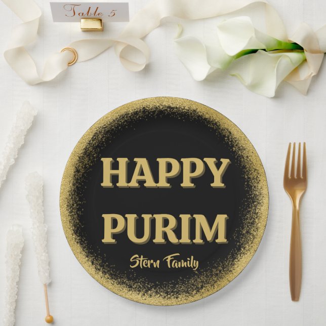 Elegant Gold Glitter Custom Happy Purim Paper Plates (Wedding)
