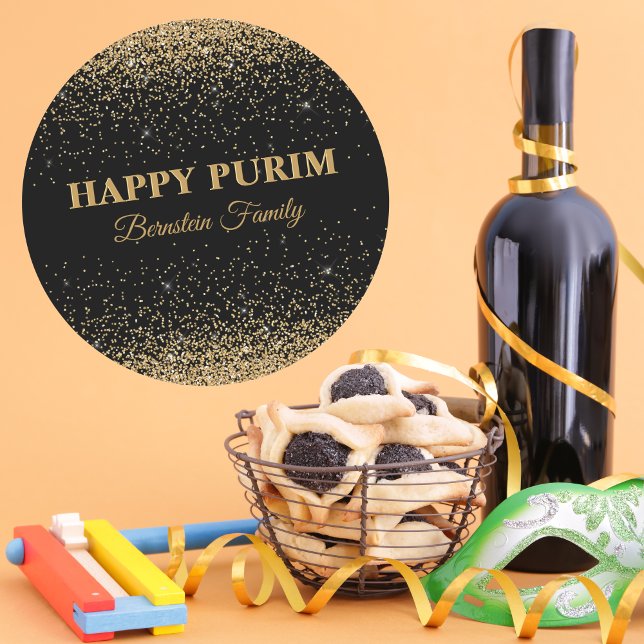 Elegant Gold Glitter Customize Hebrew Happy Purim  Classic Round Sticker (Creator Uploaded)