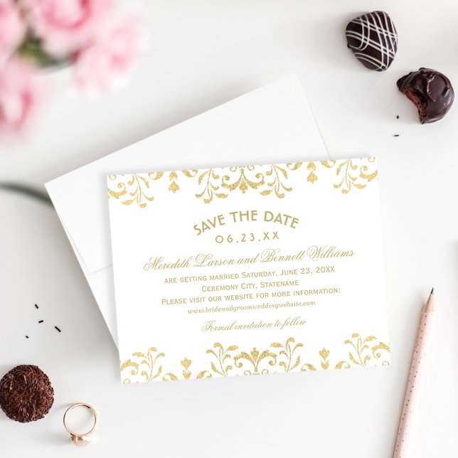 Elegant Gold Glitter Damask Wedding Save The Date (Creator Uploaded)