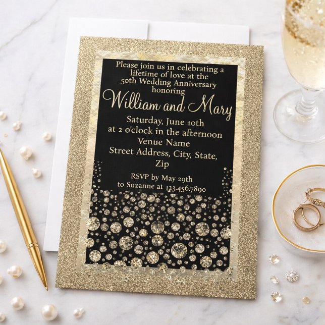 Elegant Gold Glitter Diamond 50th Anniversary  Invitation (Creator Uploaded)