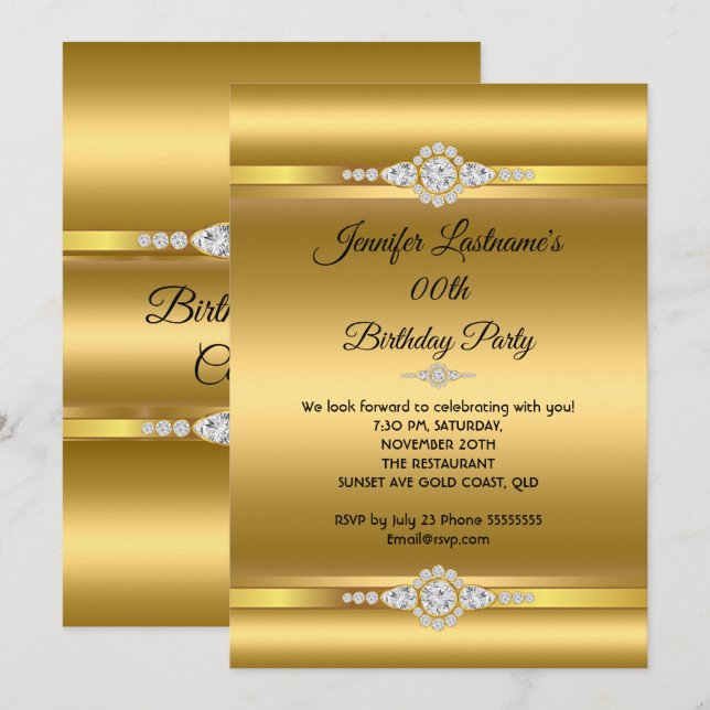 Elegant Gold Glitter Diamond Birthday Party 2 Invitation (Front/Back)