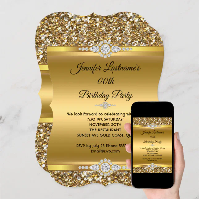 Elegant Gold Glitter Diamond Birthday Party Invitation | Zazzle