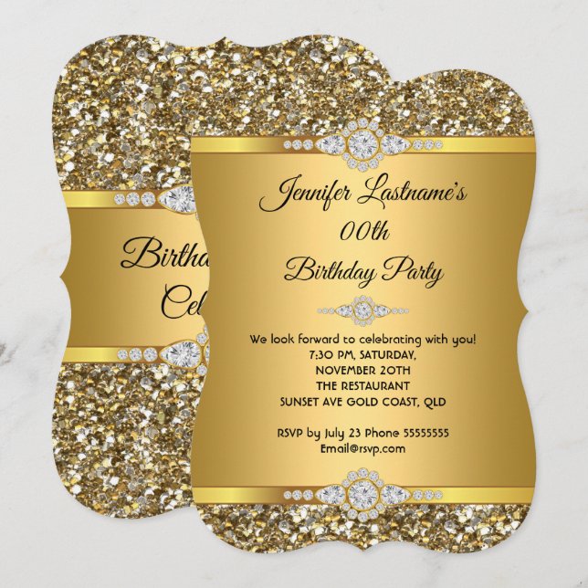 Elegant Gold Glitter Diamond Birthday Party Invitation (Front/Back)