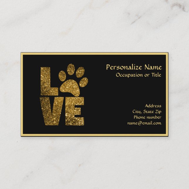 Elegant Gold Glitter Dog Paw Love on Black Business Card (Front)