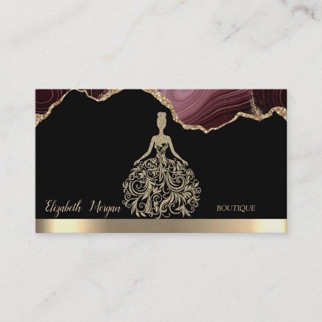 Elegant Gold Glitter Dress Burgundy Agate Business Card (Front)