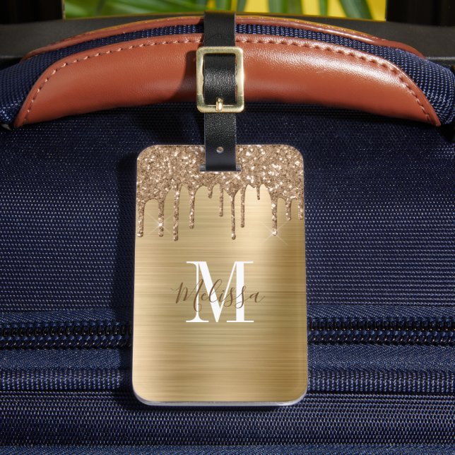 Elegant Gold Glitter Drip Monogram Luggage Tag (Front Insitu 2)