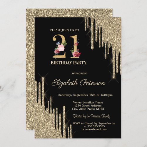  Elegant Gold Glitter Drips Black 21st Birthday  Invitation