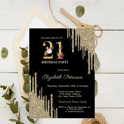  Elegant Gold Glitter Drips Black 21st Birthday  Invitation