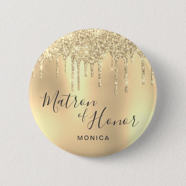Elegant gold glitter drips matron of honor button (Front)