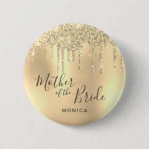 Elegant gold glitter drips mother of the bride button