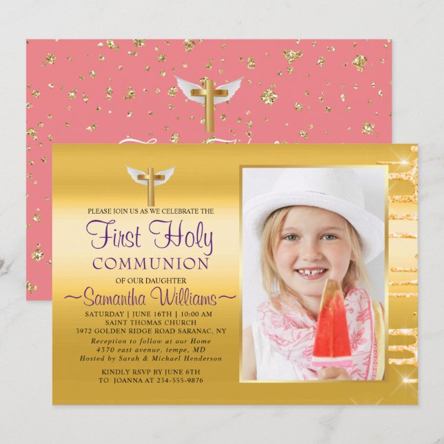 Elegant Gold Glitter Drips Photo First Communion Invitation (Front/Back)