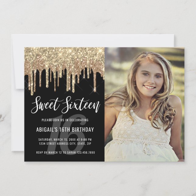 Elegant gold glitter drips sweet sixteen invitation (Front)