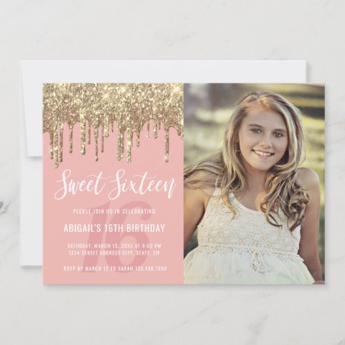 Elegant gold glitter drips sweet sixteen invitation