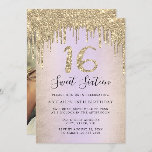 Elegant gold glitter drips sweet sixteen photo inv invitation