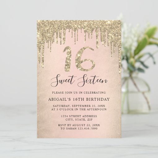 Elegant Gold Glitter Drips Sweet Sixteen Photo Invitation Zazzle