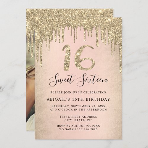 Elegant gold glitter drips sweet sixteen photo invitation