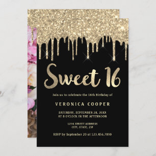Elegant gold glitter drips sweet sixteen photo invitation