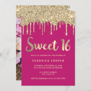 Elegant gold glitter drips sweet sixteen photo invitation