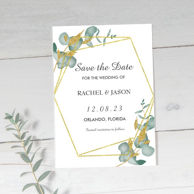Elegant Gold Glitter Eucalyptus Greenery  Save The Date (Elegant Eucalyptus and Gold Glitter Save the Date Wedding Announcement  )