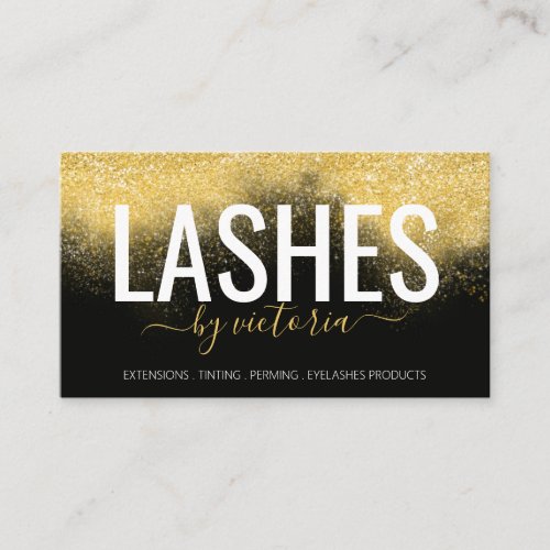 Elegant Gold Glitter Eyelashes Technician Black Business Card