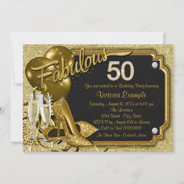 Elegant Gold Glitter Fabulous 50 Birthday Party Invitation (Front)