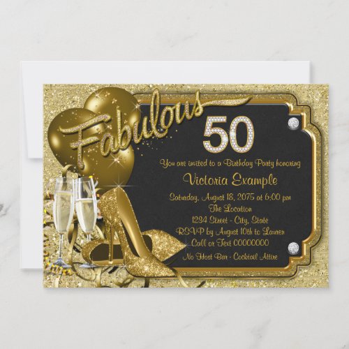 Elegant Gold Glitter Fabulous 50 Birthday Party Invitation