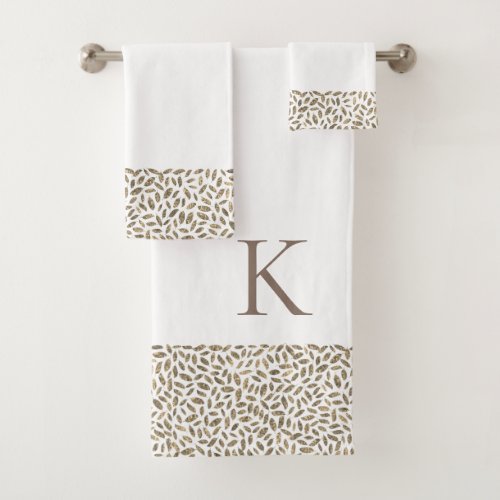 Elegant Gold Glitter Feathers on White Monogram Bath Towel Set
