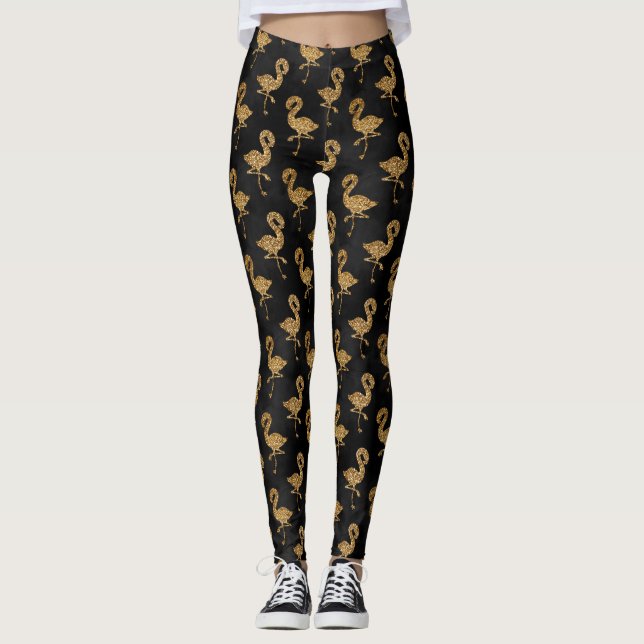 Elegant Gold Glitter Flamingo Exotic Pattern Glam Leggings (Front)