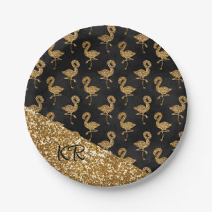 Elegant Gold Glitter Flamingo Pattern Initials Paper Plates