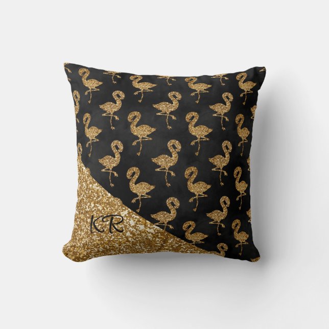 Elegant Gold Glitter Flamingo Pattern Monogrammed Throw Pillow (Front)