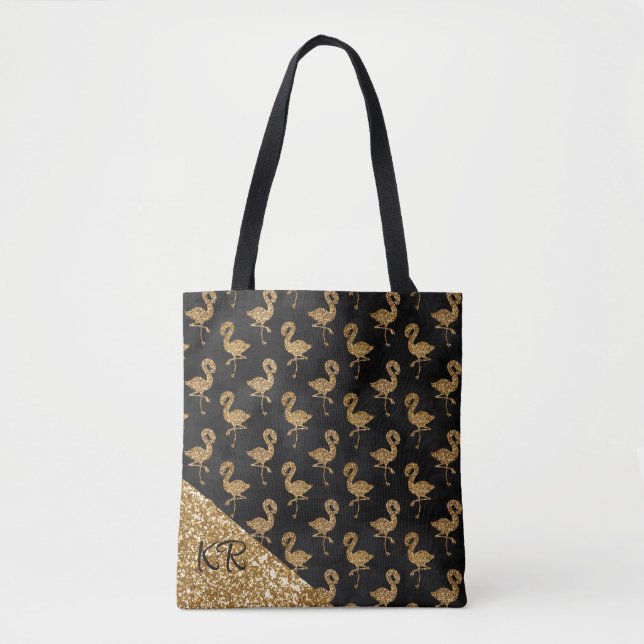 Elegant Gold Glitter Flamingo Pattern Monogrammed Tote Bag (Front)