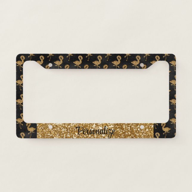 Elegant Gold Glitter Flamingo Pattern Personalized License Plate Frame (Front)